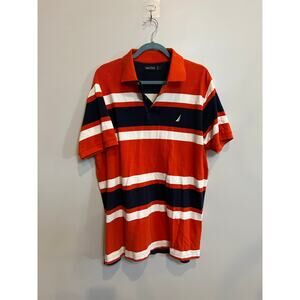 Nautica Mens Striped Polo Shirt Orange Navy White Size Large 100% Cotton